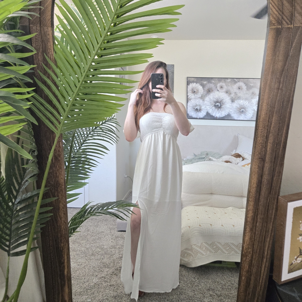 White Smocked Maxi Dress with Slit – Size Small Summer Essential